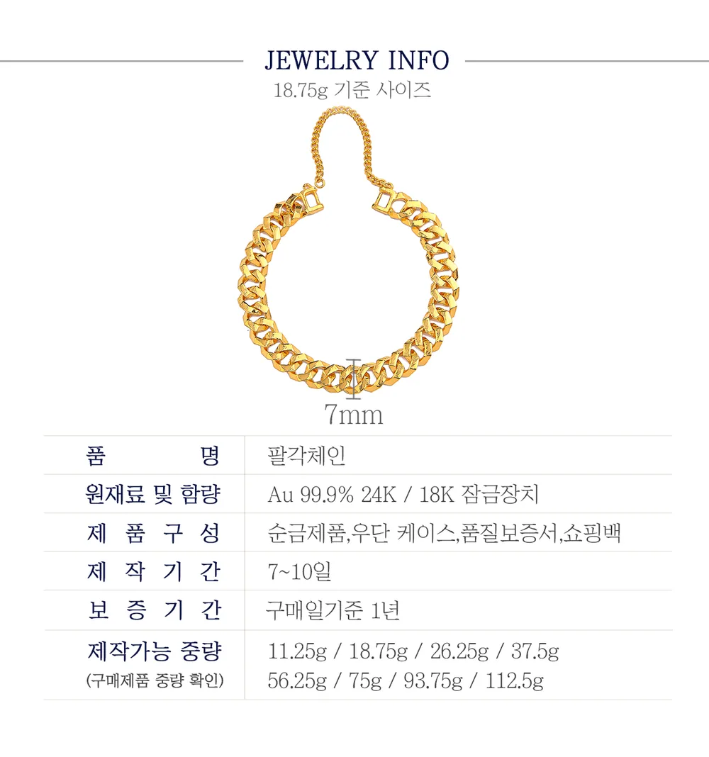 순금 24K 팔각체인 팔찌 99.9% 11.25g~112.5g 상세 5