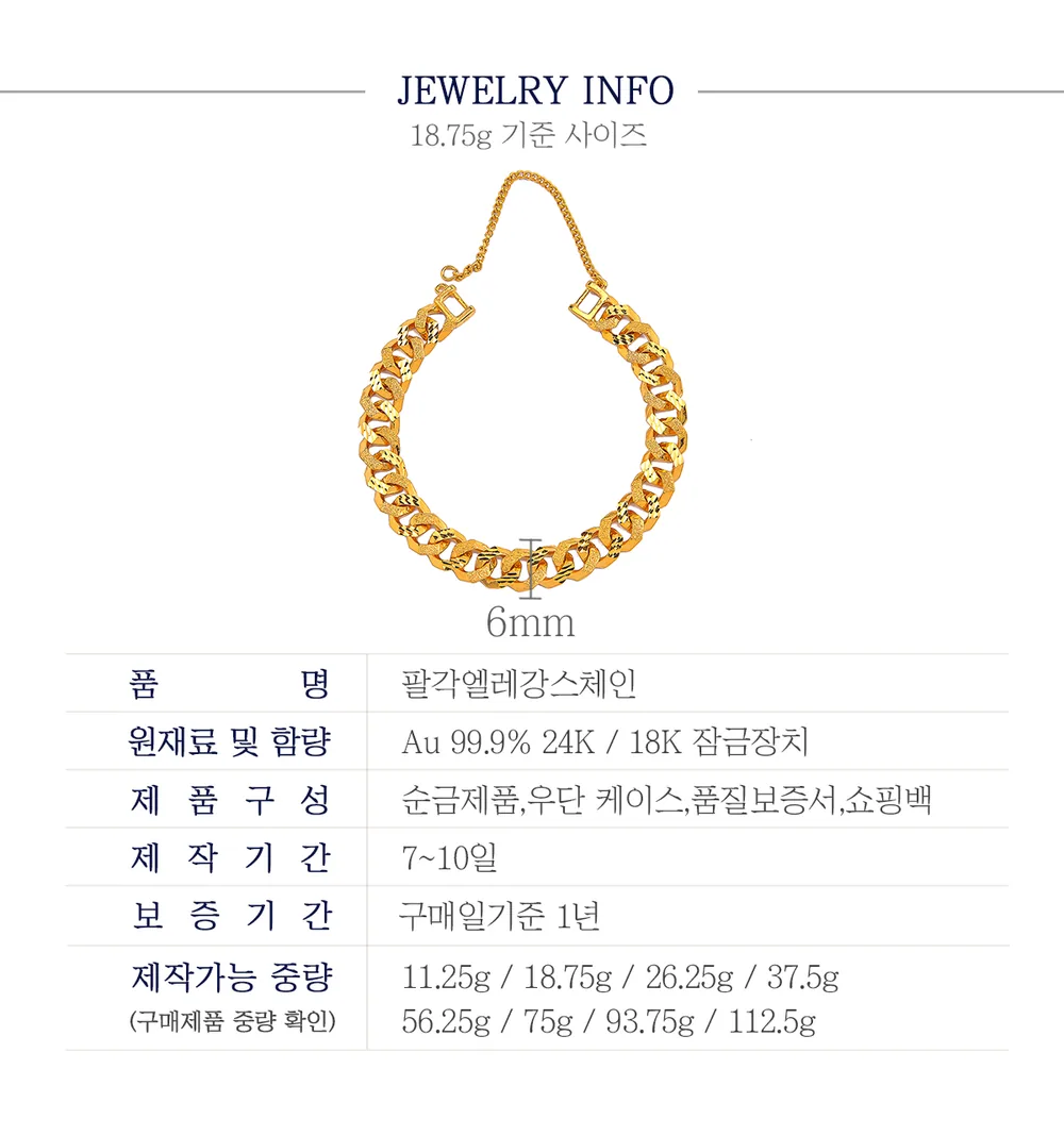순금 24K 팔각엘레강스체인 팔찌 99.9% 11.25g~112.5g 상세 5
