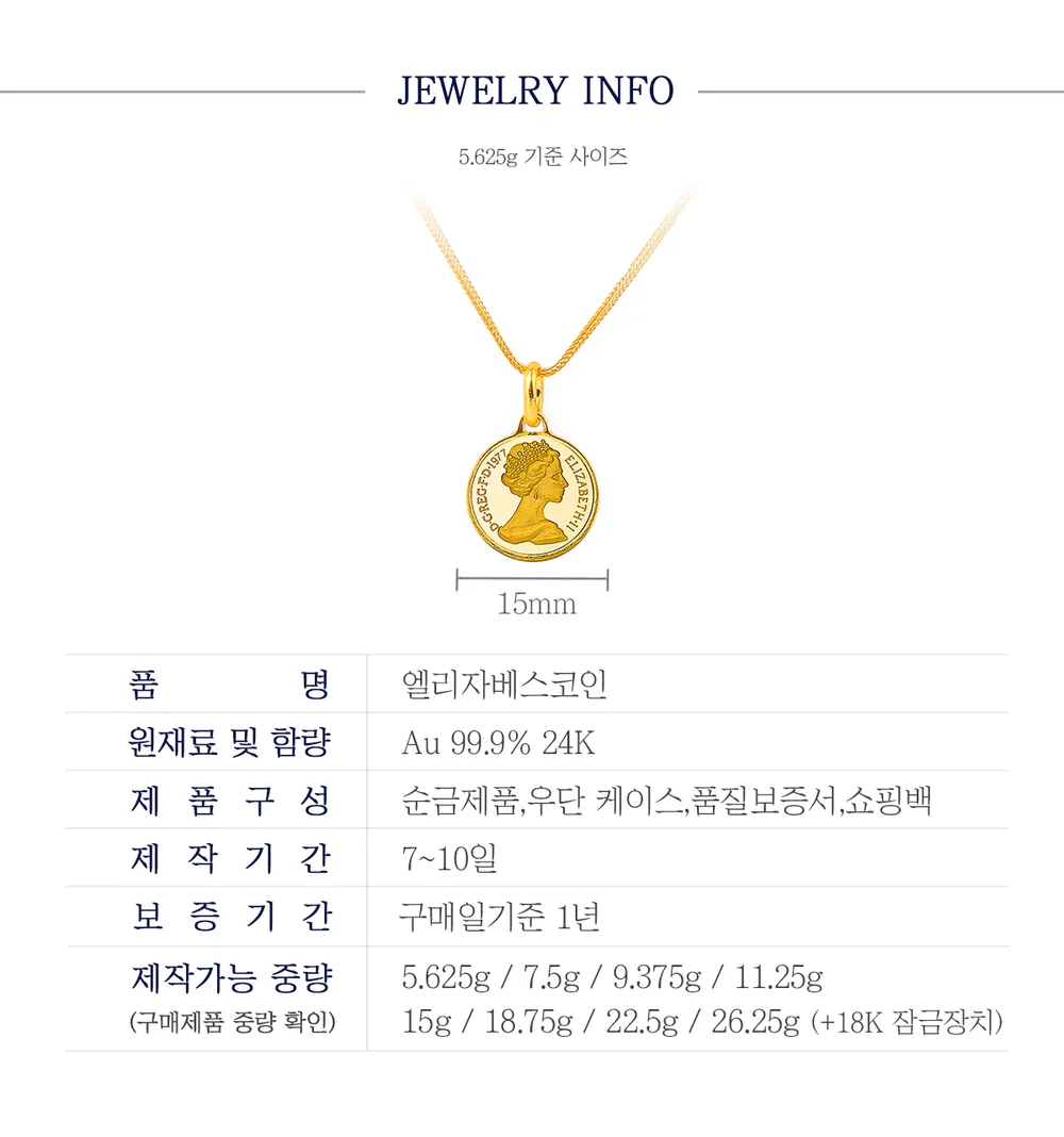 순금 24K 엘리자베스코인 목걸이 99.9% 5.625g~26.25g 상세 3