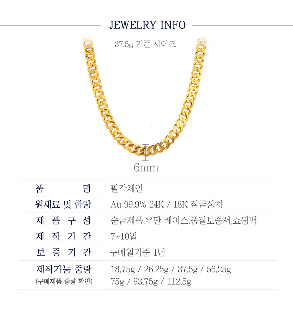 순금 24K 팔각체인 목걸이 99.9% 18.75g~112.5g 상세 5