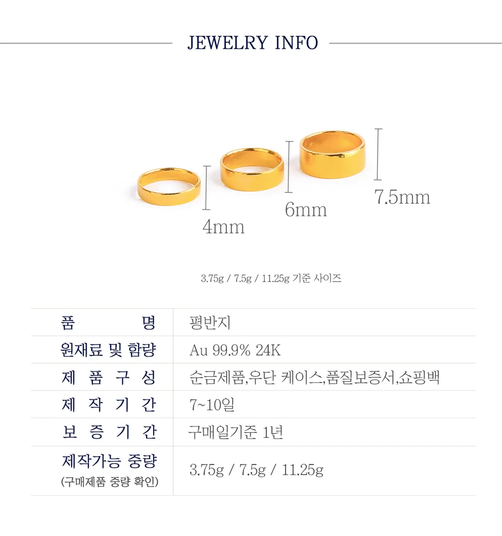 순금 24K 평반지 반지 99.9% 3.75g~11.25g 상세 3